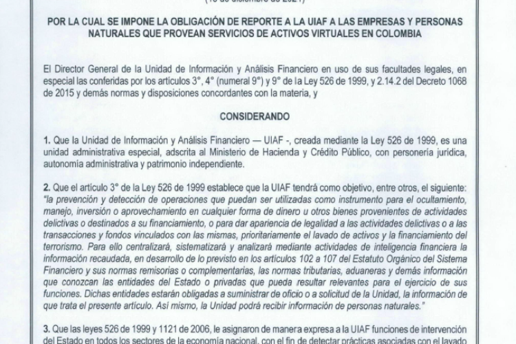 UIAF expide Resolución para imponer reportes a proveedores de activos virtuales